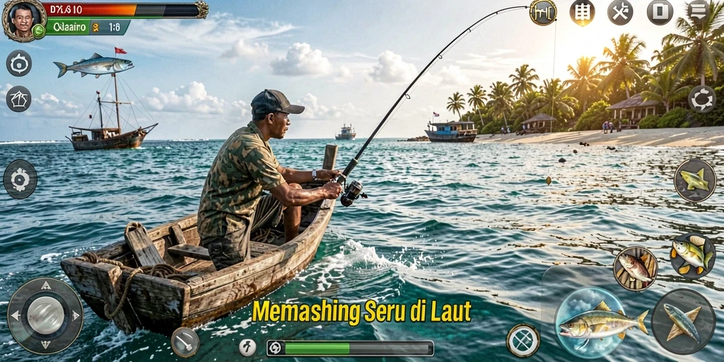 Screenshot D73 menampilkan aksi seru saat menangkap ikan di laut.