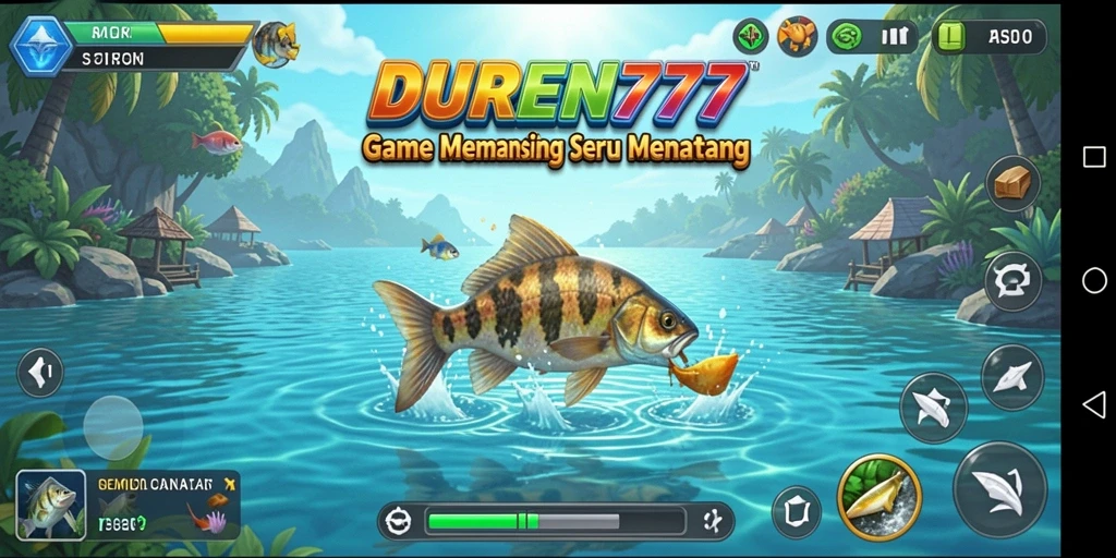 Gameplay DUREN777 menampilkan aksi seru memancing ikan di lautan.