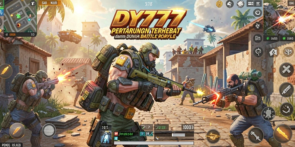 Screenshot gameplay DY777 menampilkan aksi intens dalam pertempuran Battle Royale.