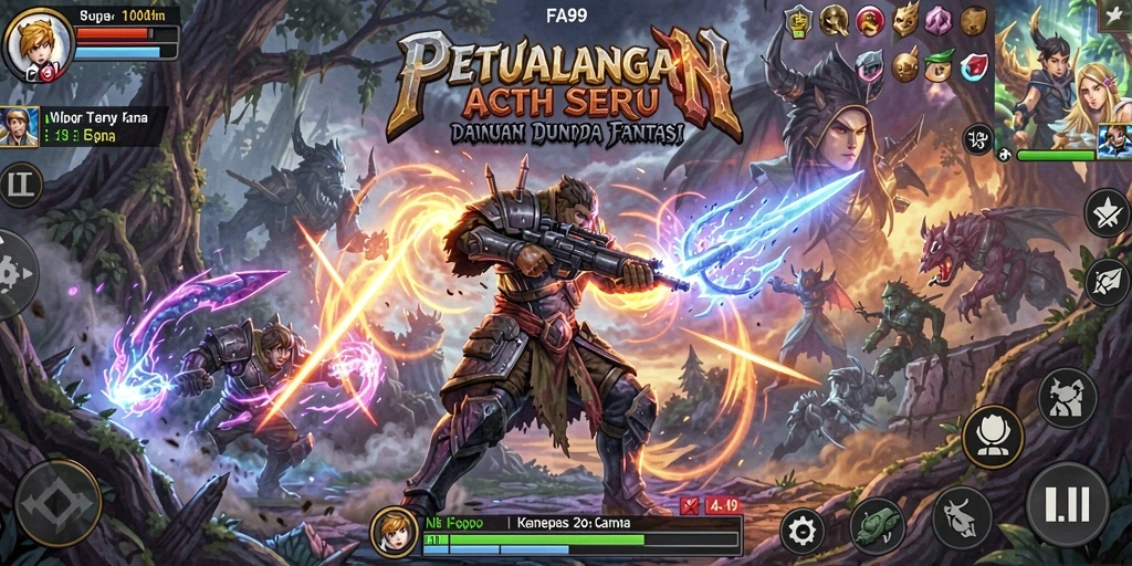 Tampilan aksi seru dalam FA99 dengan karakter dan musuh yang dinamis.
