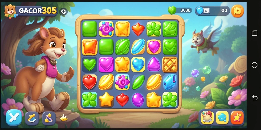 Screenshot gameplay GACOR305 menunjukkan aksi seru permainan Match-3.