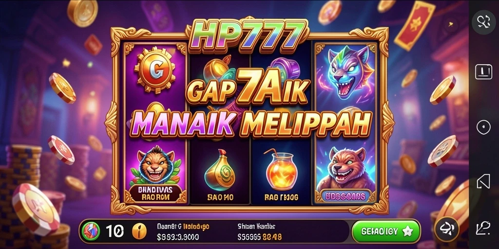 Tangkapan layar utama HP777 menampilkan gulungan slot dengan simbol yang berwarna-warni.