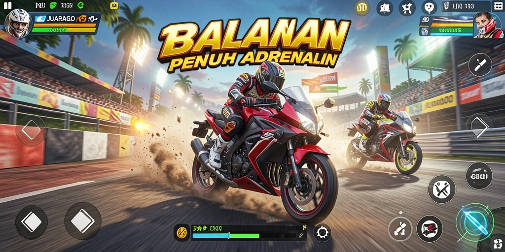 Tampilan gameplay JUARAGO yang mendebarkan saat balapan motor.