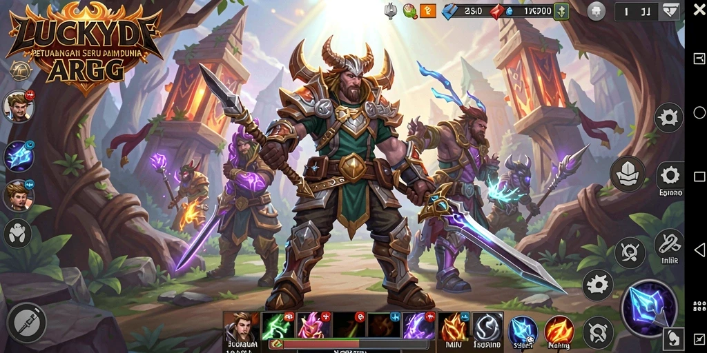 Screenshot gameplay LUCKYDF menampilkan pertarungan epik karakter dalam dunia fantasi.