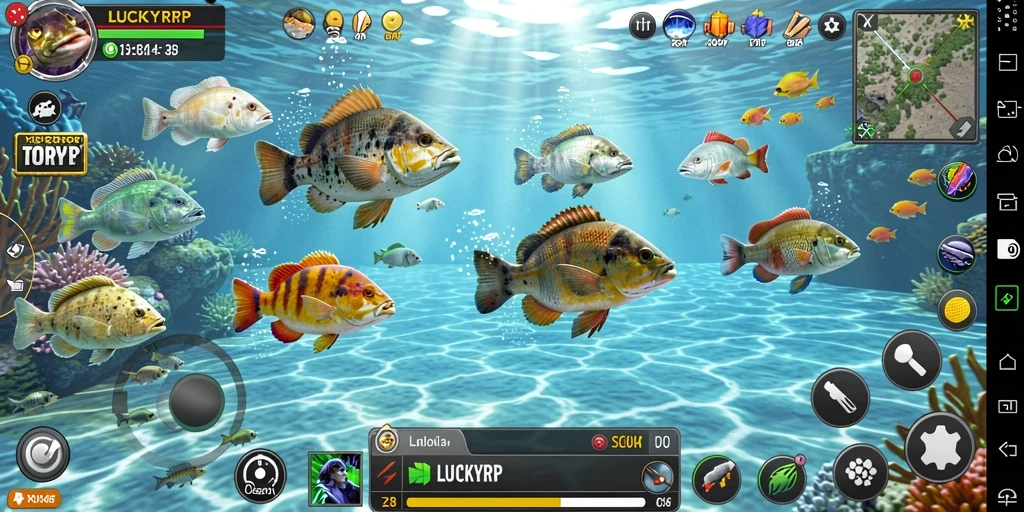 Tampilan gameplay LUCKYRP saat menembak ikan di lautan.