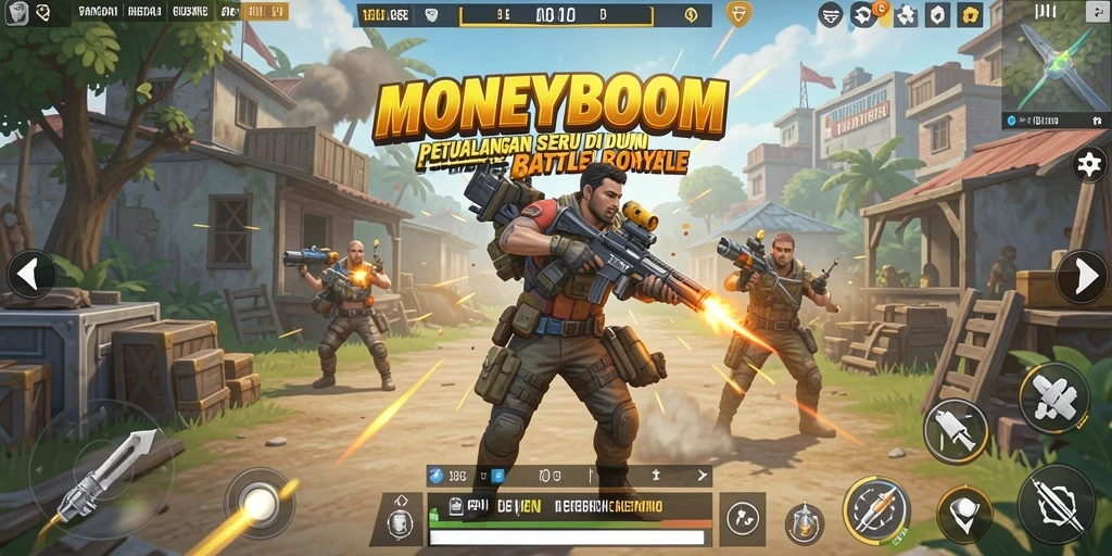 Screenshot gameplay MONEYBOOM saat pertarungan intens di Battle Royale.