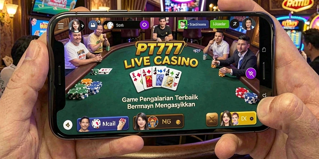 Screenshot gameplay PT777 dengan dealer langsung dan suasana kasino yang hidup.