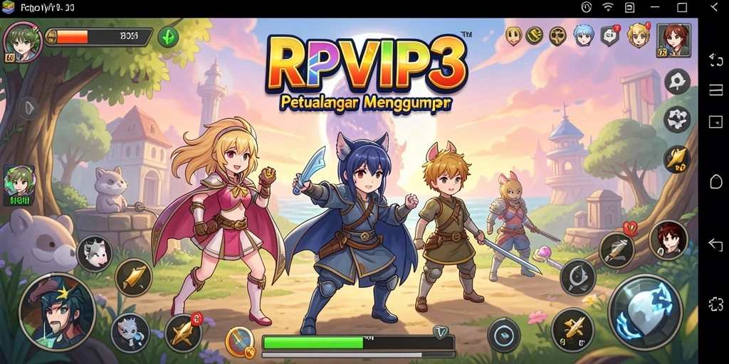 Screenshot gameplay RPVIP3 menampilkan karakter anime yang menakjubkan dan aksi yang mendebarkan.