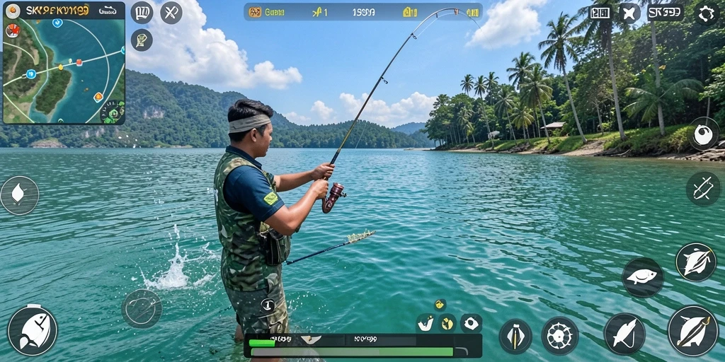 Screenshot menunjukkan gameplay memancing yang mendebarkan di SKY99.