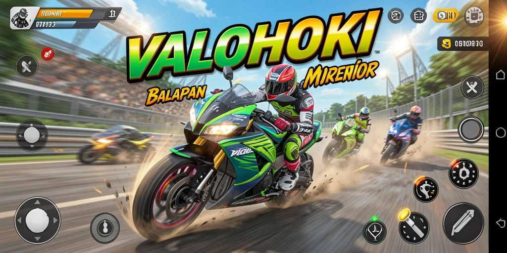 Screenshot dari gameplay VALOHOKI menampilkan balapan motor yang seru.